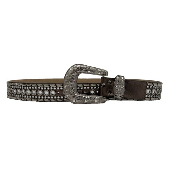 Genuine Italian Leather Belt Women\'s Large Gold Rhinestones Silver Hardware main image 15
